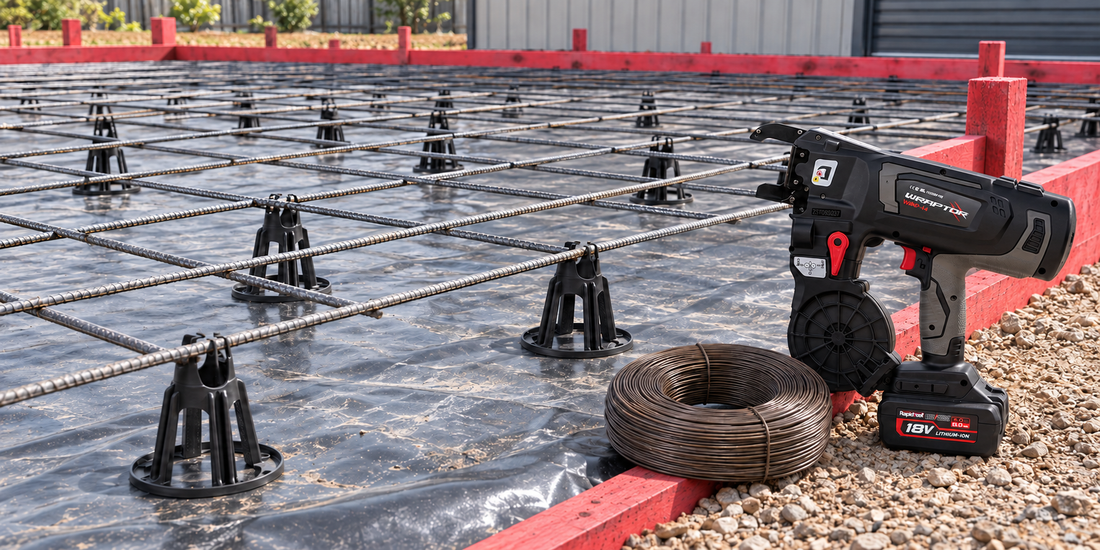 Concrete reinforcing mesh on bar chairs inside RedEdge LVL formwork with tie wire and a Rapidtool Wraptor