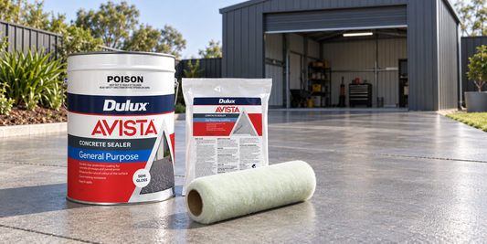 Dulux Avista concrete sealer, slip reducing additive and lambswool roller on a sealed driveway