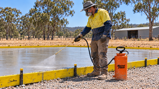 Concreter using a Masterfinish sprayer beside NelsonPine formwork supported by black star pickets outside the slab