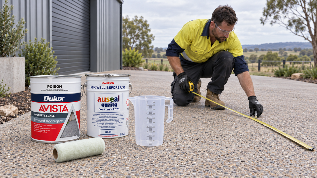 Tradesperson measuring an exposed aggregate driveway beside Dulux Avista Exposed Aggregate Sealer, Auseal sealer, a measuring jug and lambswool roller