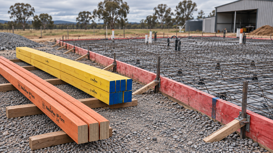 RedEdge LVL installed around a reinforced slab with thin orange NelsonPine NP Form and Yellow Edge LVL stored beside the formwork