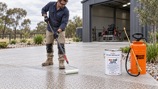 Tradesperson applying sealer to new exposed aggregate concrete with Auseal Curite sealer, lambswool roller and Masterfinish sprayer